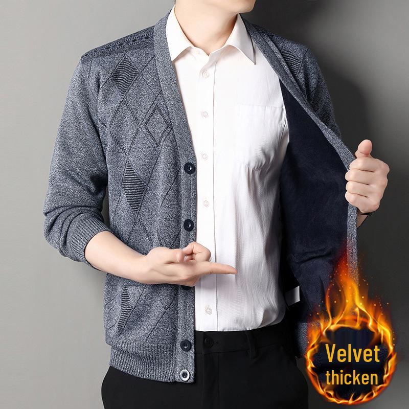 Men's V-Neck Jacquard Sweater Coat - Plus Velvet Knitted Cardigan for Autumn/Winter