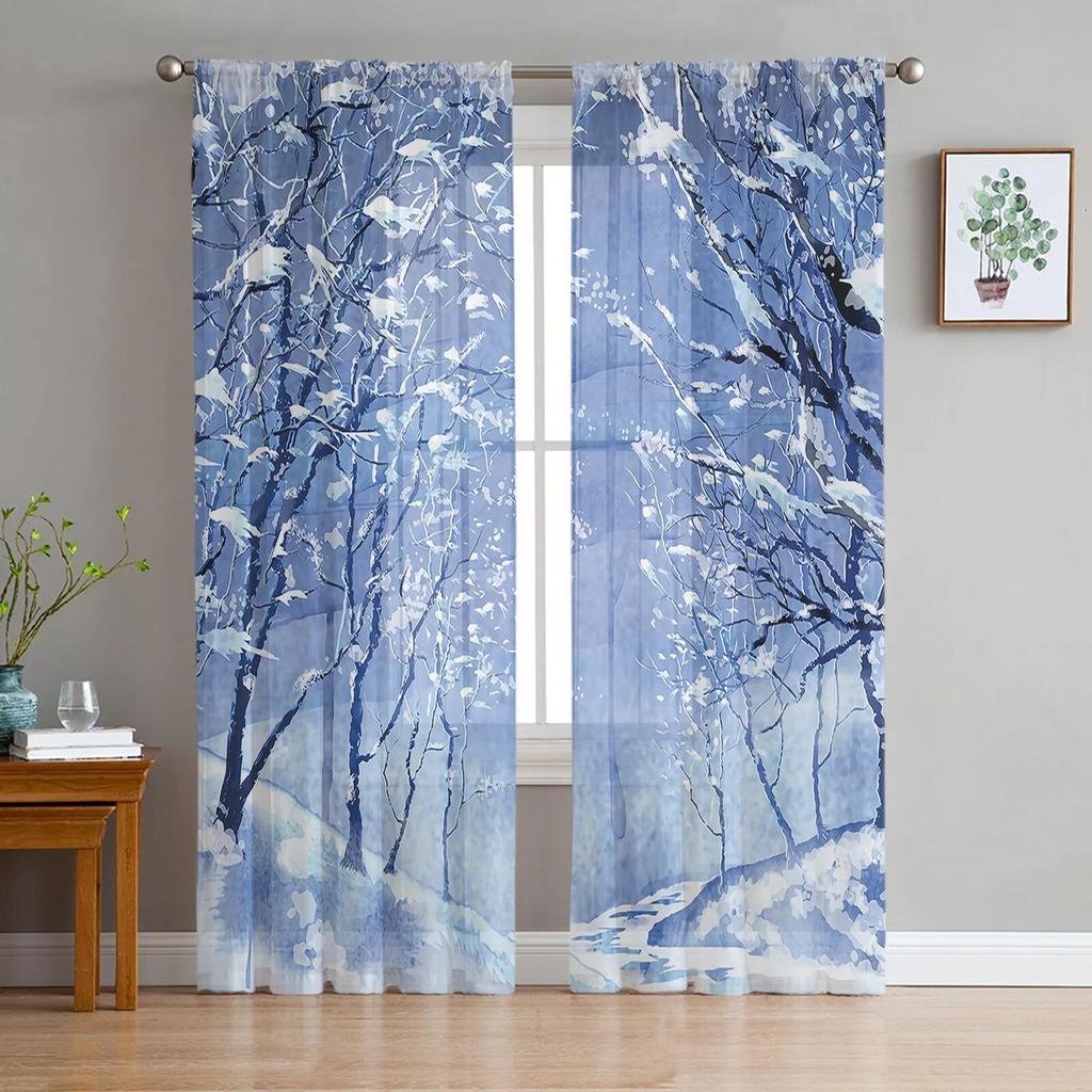 Winter Forest Tree Snowflake Semi Curtains Living Room Snowy Landscape Print Tulle Curtain Drapes Window Treatments Sheer Polyester Great Treatment