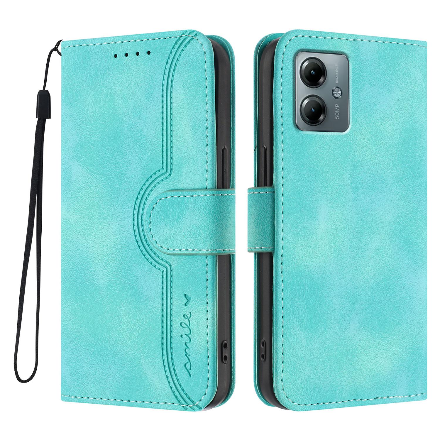 

For Motorola Moto G Power (2025)/Motorola Moto G Play (2025) 5G Leather Case Wallet Stand Smile Imprinted Phone Cover with Strap Light Blue
