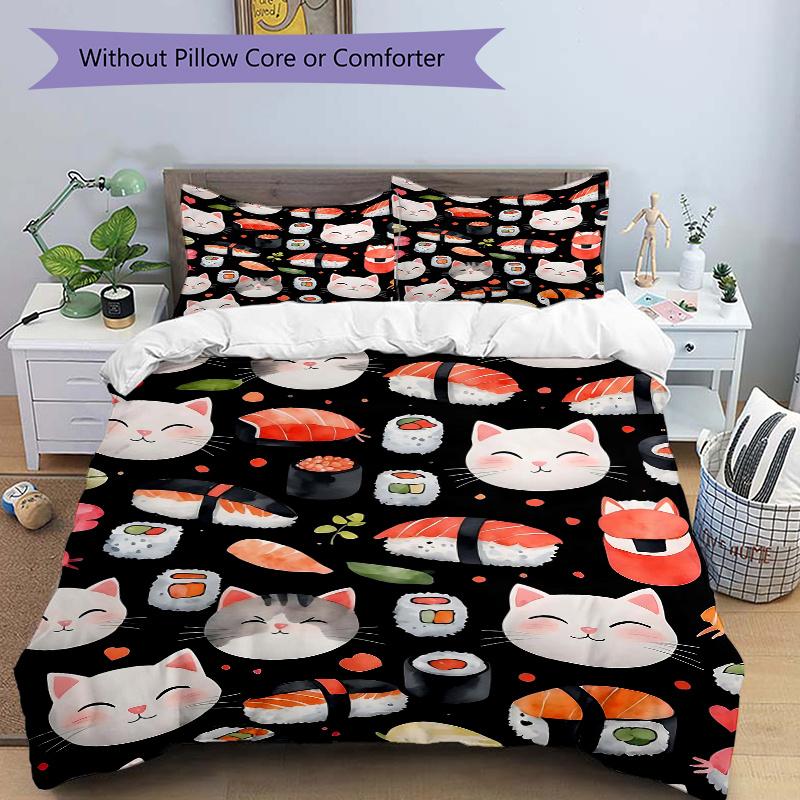

3pcs Cats and Sushi Bedding Set, 1 Soft Quilt Cover + 2 Pillowcases, Machine Washable, Suitable for All Seasons 135x200cm