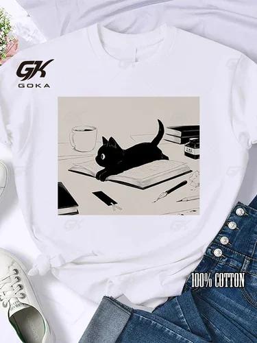 Coffee Books Brown Books American Retro Cotton T Shirt Woman Round Neck Half Sleeve T-shirts Printed Tops Woman Oversized Tees