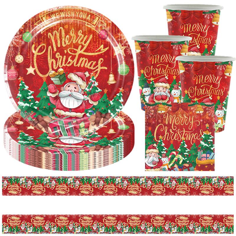 2025 Christmas Party Disposable Tableware Santa Claus Pattern Paper Plates Cups Christmas Tree Napkin Merry Christmas Supplies