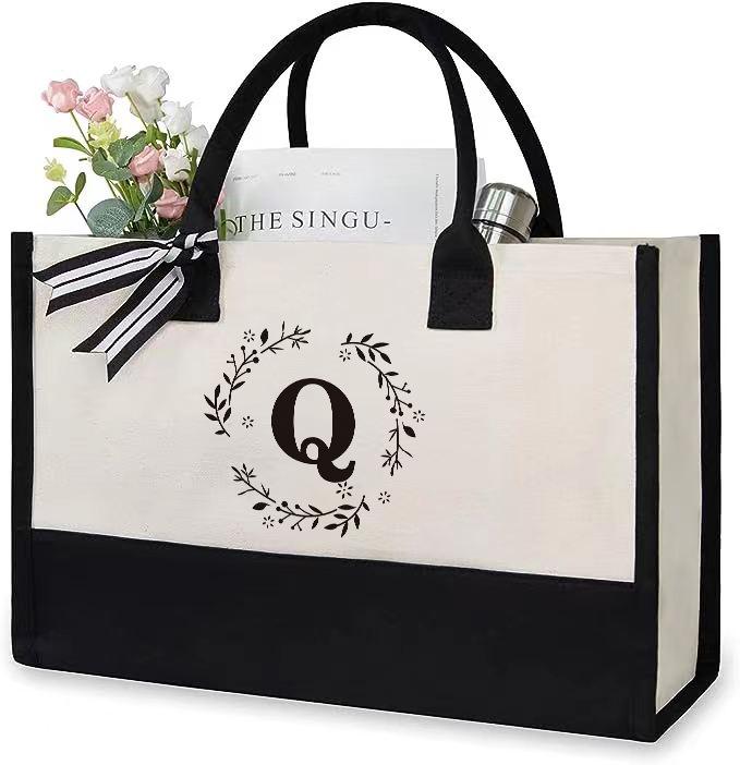 Custom Lace Initial Canvas Tote Bag