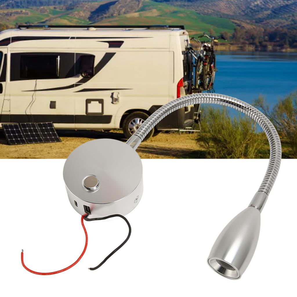 LED RV Gooseneck Bed Light with USB Port Type C Port Touch Control  12‑24V Soft Light RV Bedside Reading Lamp for   Van Boat