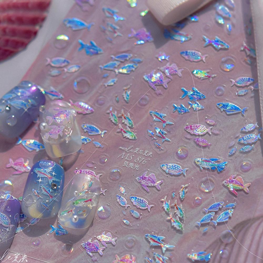 1pcs Ocean Marine Life Jellyfish Dolphin Shell Starfish Frangipani Ocean 5D Nail Art Stickers Embossed Nail Decals