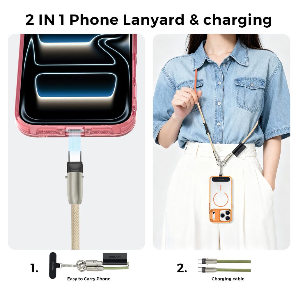 MOCOME W3 2 in 1 130cm Rechargeable Phone Lanyard 240W Fast Charging Cable Lanyard with Detachable Magnetic Clasp