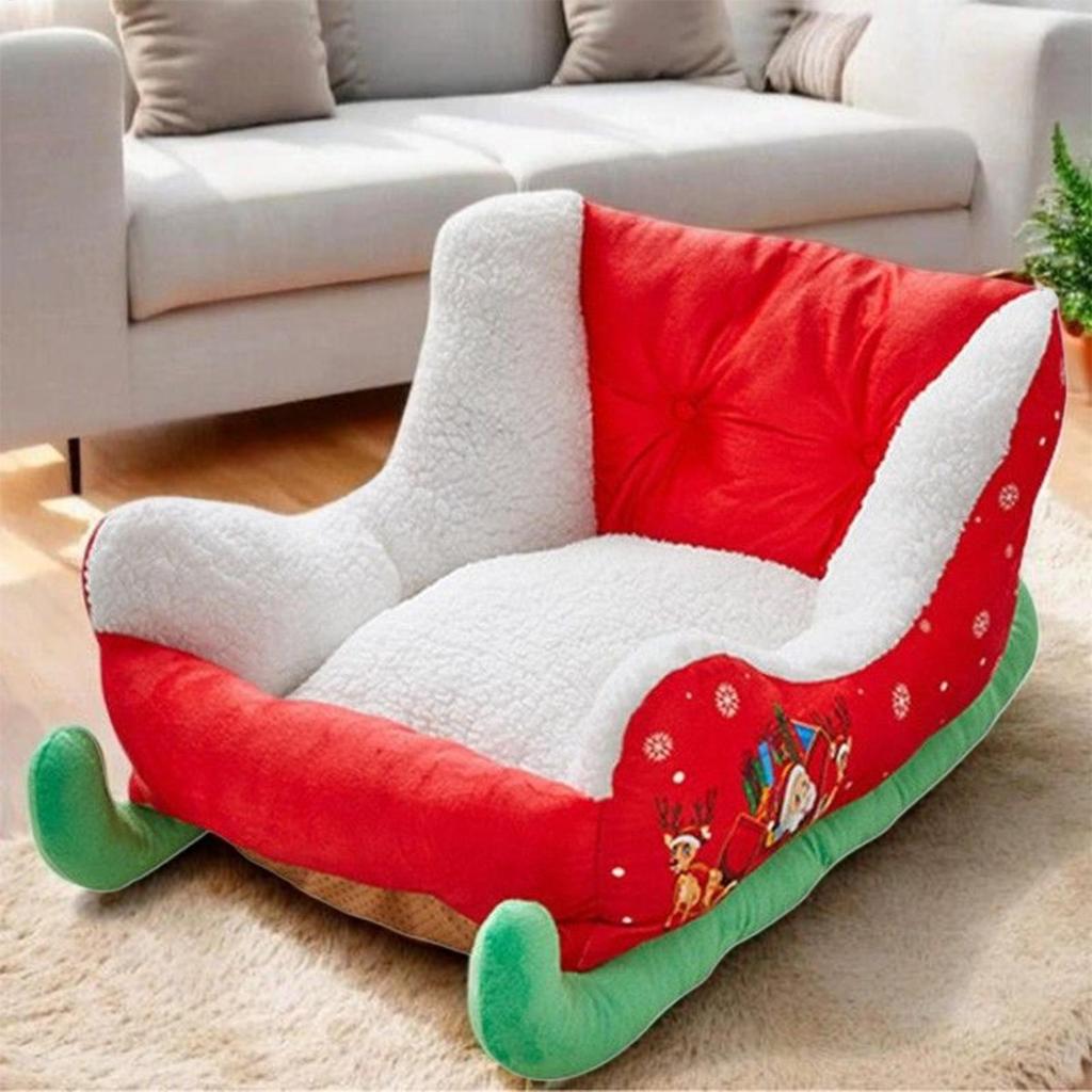 Christmas Sleigh Pet Bed Plush Cozy Washable Dog Cat Bed Holiday Themed Pet Nest for Puppy Kitten Winter Christmas Decoration