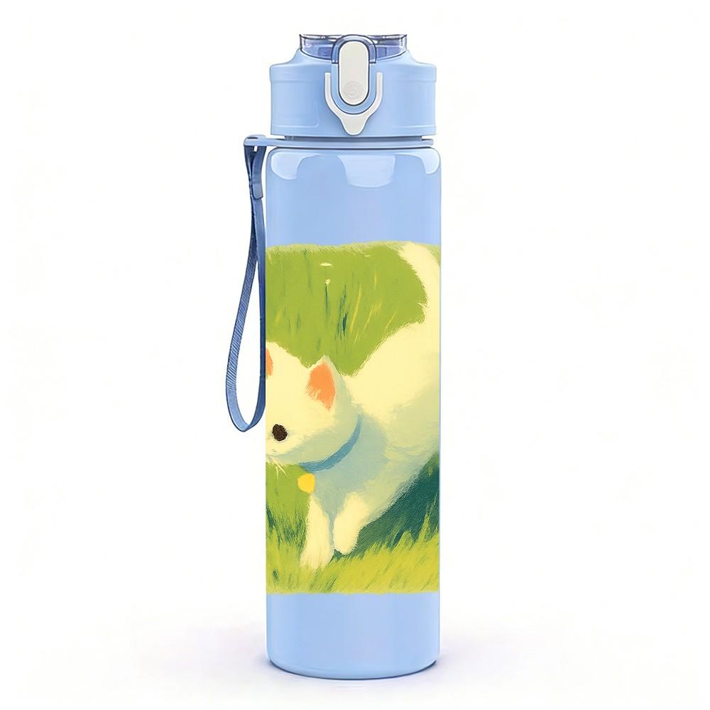 1PC White Kitten Green Background 750ml Color Plastic Sports Water Bottle Leakproof Flip Straw Lid For Sports Office Home Use