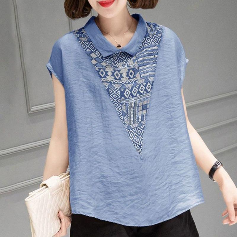 

Рубашка из хлопка и льна с короткими рукавами и воротником для малышей, свободная, для похудения летом, сшитая, большого размера, женская рубашка с принтом, закрывающая живот, тонкие рубашки 3XL синий