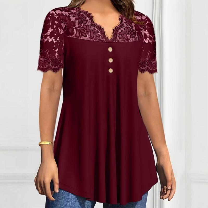 

Women s Tunic Top Lace Yoke with Short Sleeves A-Line Hem XL червоний
