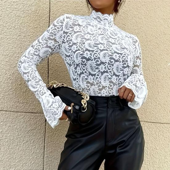 Dámské topy Stojan s límečkem Rozšířený Dlouhý rukáv Slim Fit Košile Jednobarevné Průhledné Duté výšivky Krajka Květinový Vzor Topy