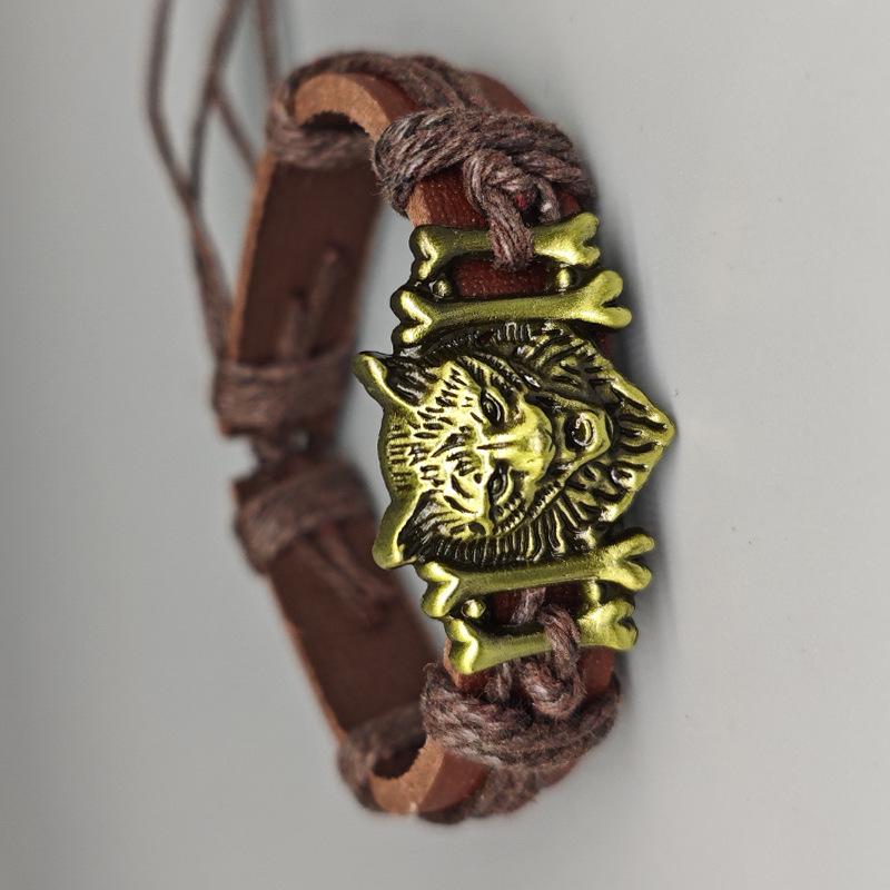 Bracelet Européen & Américain Rétro Tissé en Cuir PU Réglable Tête de Loup pour Hommes