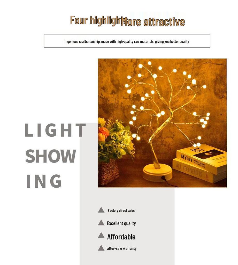 LED Bonsai Tree Lamp: Silver Branches with Pearls and Gold Leaf, Perfect for Christmas or Night Lighting