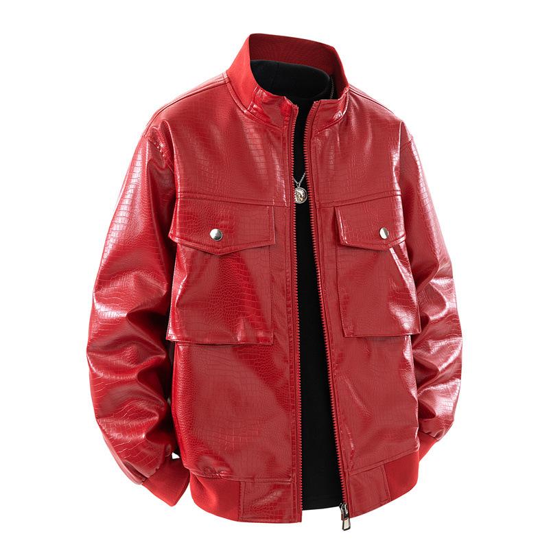 

Однотонная ретро кожаная свободная модная кожаная куртка Мужская повседневная модная куртка Новая куртка-стойка Мотоциклетный костюм XXXL красный