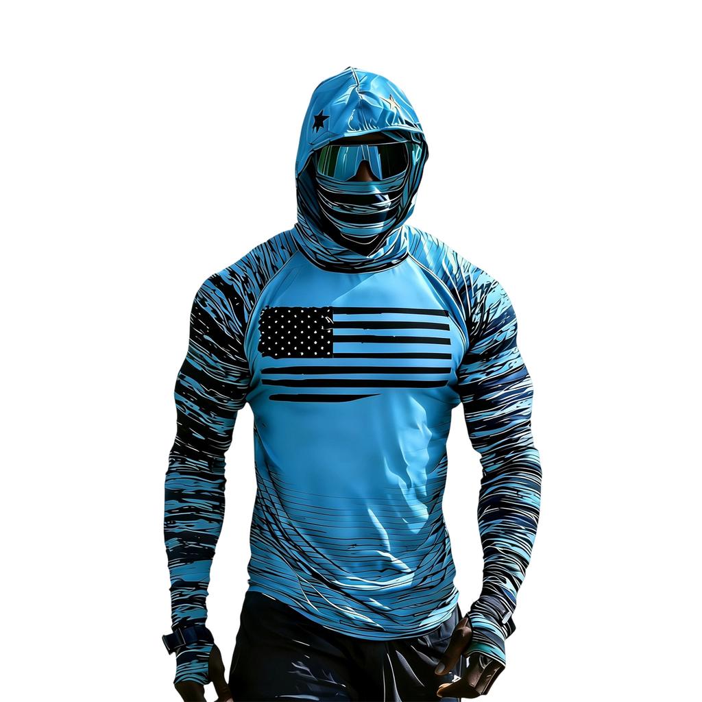 Long Sleeve Hooded Shirt with Face Covering and Flag Print Lightweight Pullover for Outdoor Sports and Activities