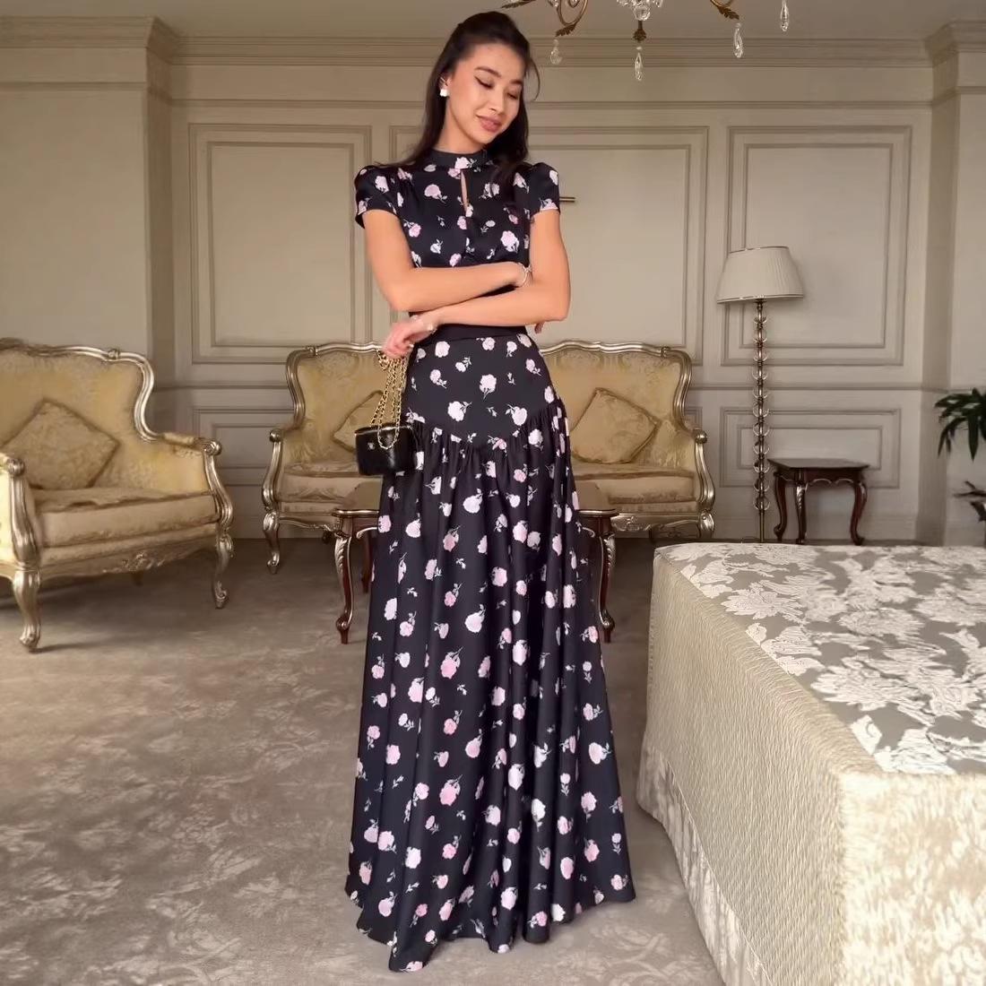 2026 cross-border foreign trade women s long dress Amazon foreign trade French retro stand-up collar lace-up waist floral dress XS чёрный