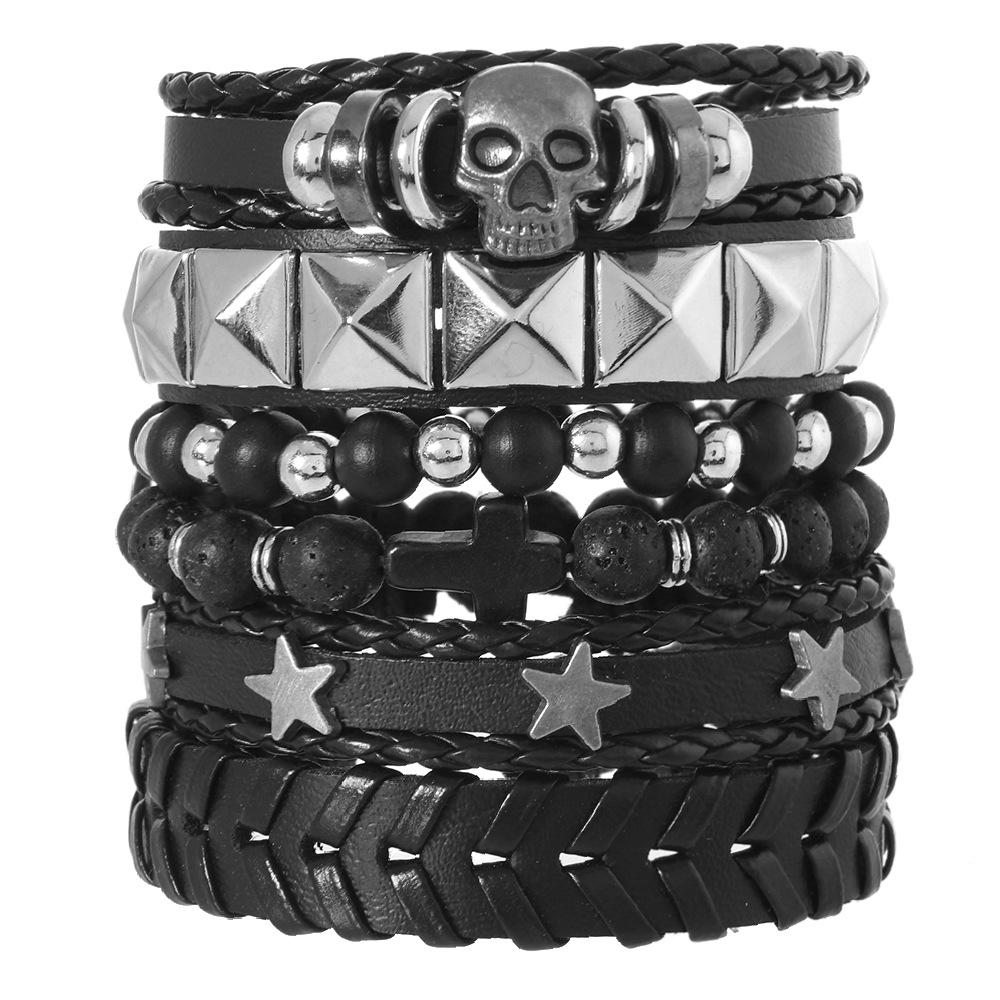 Men's Punk Skull Leather Bracelet Set Multi-Layer Gothic Rock Chain Bracelets Pentagram Charm Hip Hop Streetwear Badge Jewelry Accessories for Him