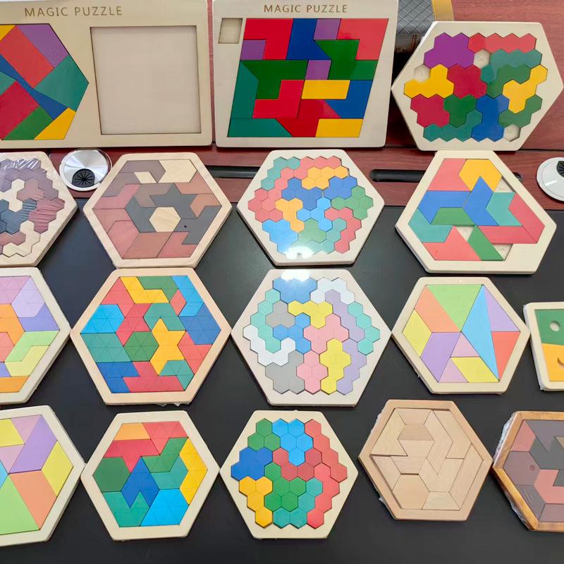 Hexagonal Shape Chess Puzzle - Seven Pieces, 11 Blocks Educational Wooden Toy for Kids