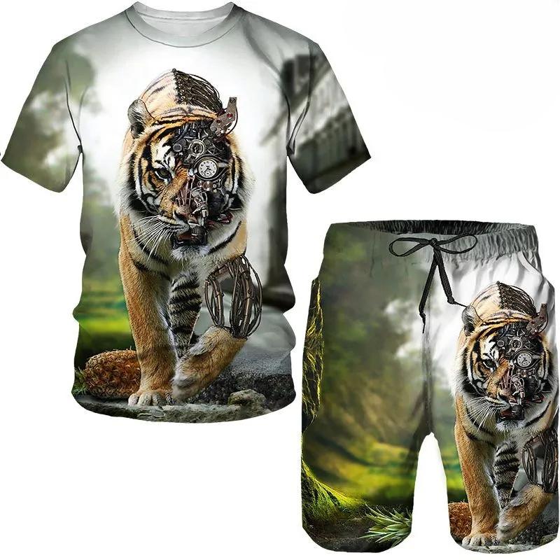 T Shirt & Shorts Sets 2piece Suit for Mens Animal Pattern Print Short Sleeve Tracksuit Leisure 3D Polyester Man's Set