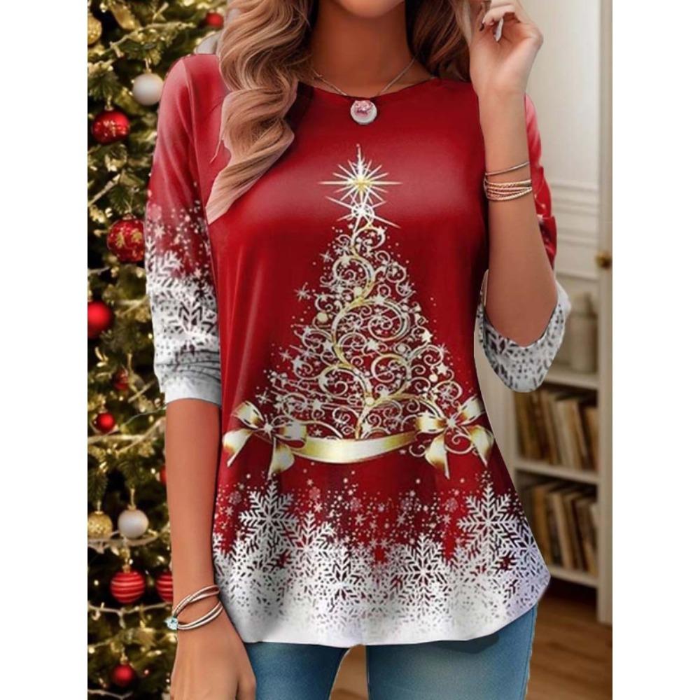 Tops for Women Christmas Pattern Round Neck Long Sleeve T-shirt Fall Casual Slim Pullover Women's Long Sleeve Top