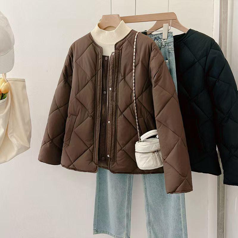 New autumn and winter thin down cotton jacket collarless rhombus grid small slim women's jacket