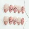 24PCS Pink Leopard Print French Fake Nails with 3D Flower Pearl Press On Nails Full Cover Sweet Ins Almond False Nails Wearable