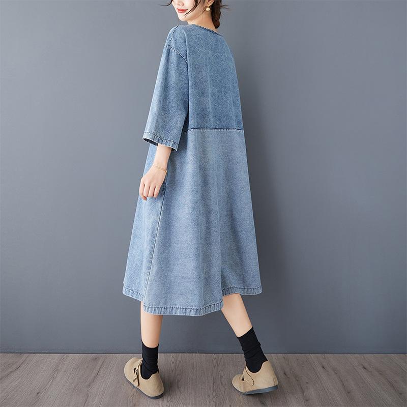 Women's Retro Denim Patchwork Dress - Elegant, Comfortable, Loose Fit for Spring/Autumn