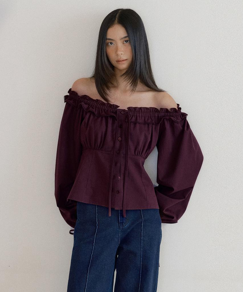 LUCIR ZU Benjamin Frill Lace Blouse (Burgundy)