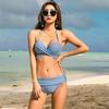 [SORAmood] Women's Swimsuit Bikini, Blue-Gray, Cross Ribbon, Halter Neck, Figure-Flattering, Korean Style, Gathered Bottoms (M, Blue-Gray)