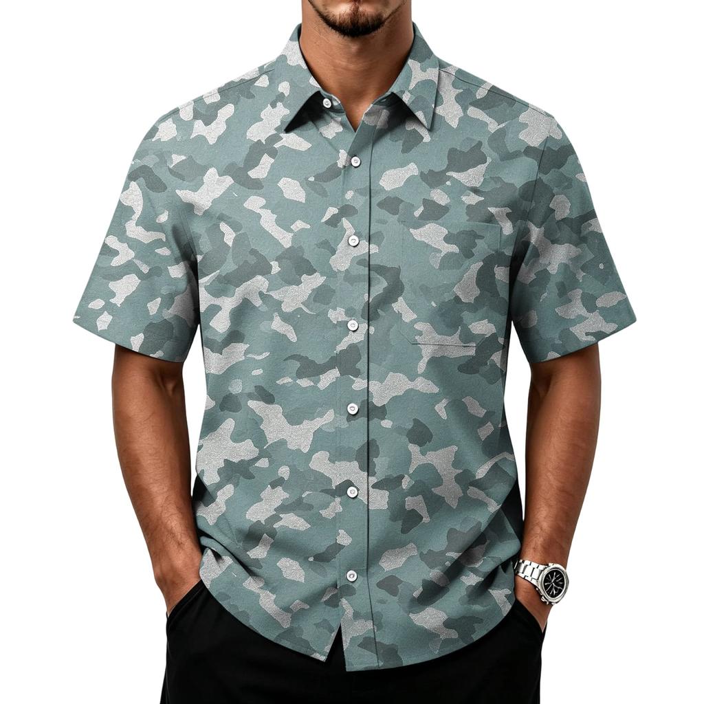 Men's Casual Short Sleeve Button Down Shirt Lightweight Breathable Fabric Classic Fit with Front Pocket Camouflage Print