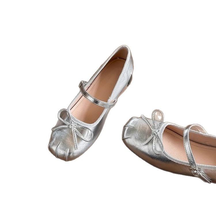 5cm Inner Height Increase~ Silver Bow Ballet Shoes for Women's Summer Wear with Half Slippers French Muller Half Drag