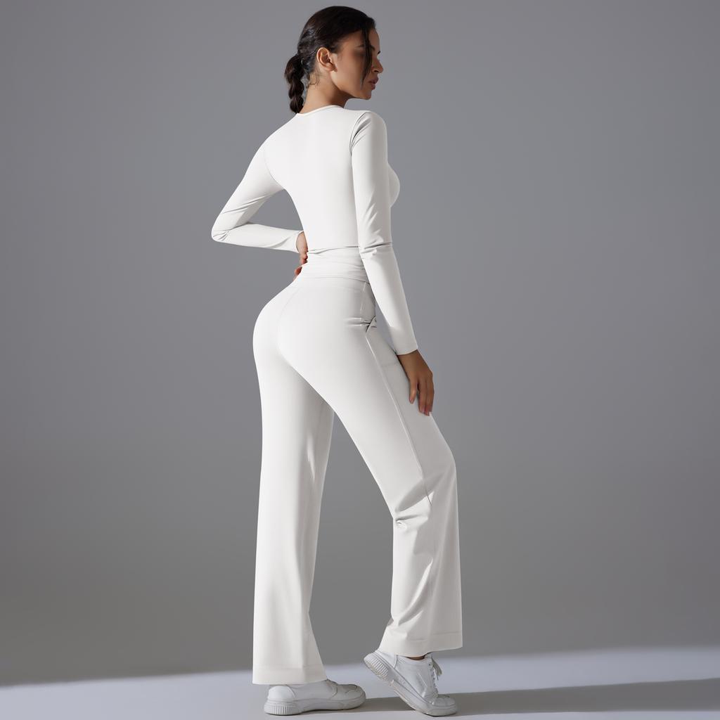 Auroth Long Sleeve Yoga Set With Pockets Women Workout Colthes Gym Top Wide Leg Fitness Pants Sportswear