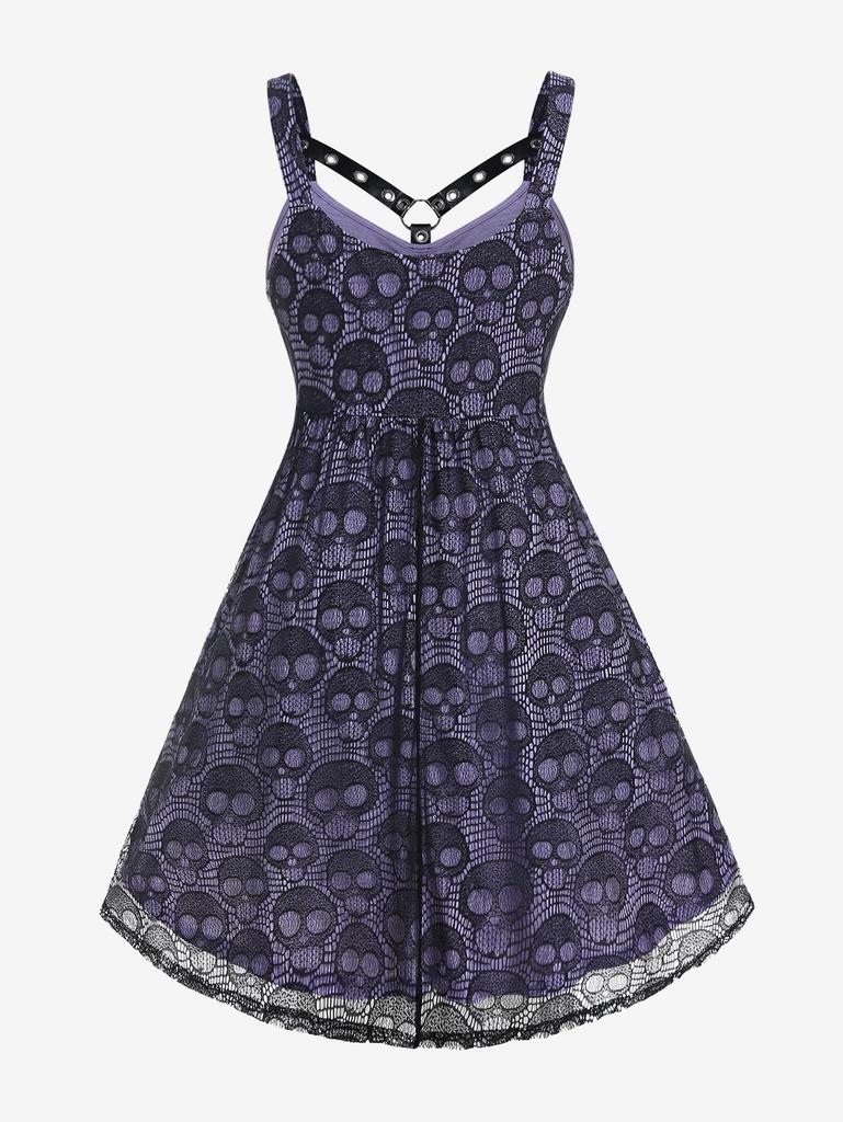 Rosegal Plus Size Gothic Harness Grommets Skull Lace Knee Length Dress