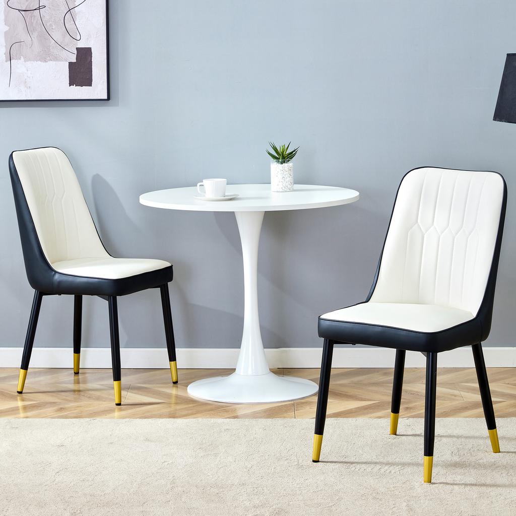 Set of 2 Modern Dining Chairs with PU Leather Backrest in Black-White Combination and Black Metal Legs.