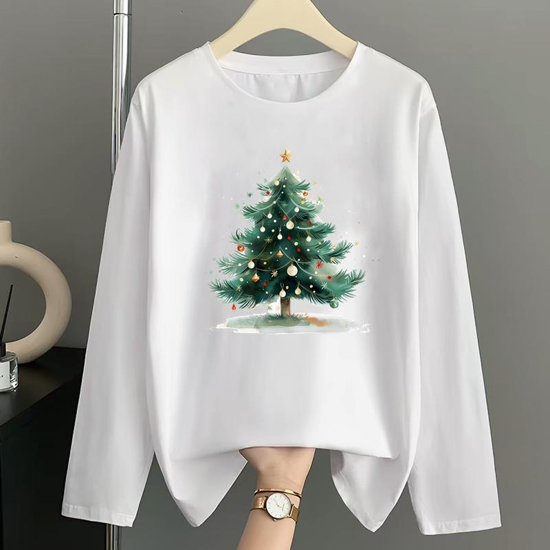 (Asian Size) Tree Watercolor Print T Shirt Christmas Holiday Graphic Tee Women Autumn Winter Casual Fashion Top Clothing Long Sleeve T-shirts