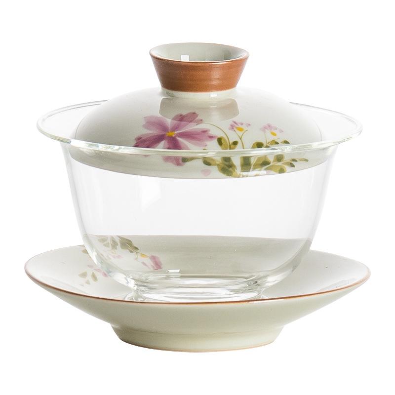 Hand-painted Daisy Gaiwan Sancai Glass Tea Tureen Ceramic Covered Bowl Chinese Kung Fu Tea Set Household Teaware Teacup with Lid