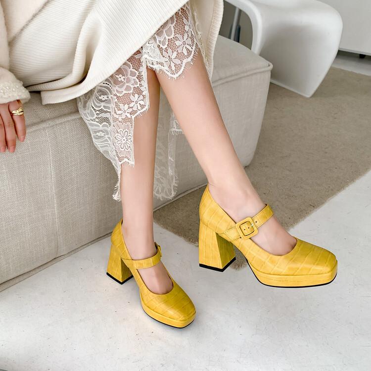 FOREADA Women Pu Leather Pumps Thick High Heels Square Toe Mary Janes Buckle Party Spring Autumn Shoes Blue Yellow Browm