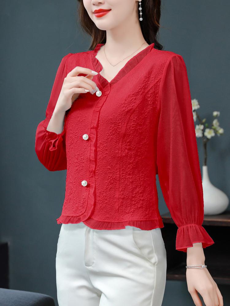 Elegant Ladies Shirts Chiffon Shirt Female Short Small Shirt Spring, Summer and Fall Chic Beautiful Belly-shading Long-sleeved T-shirt Tops