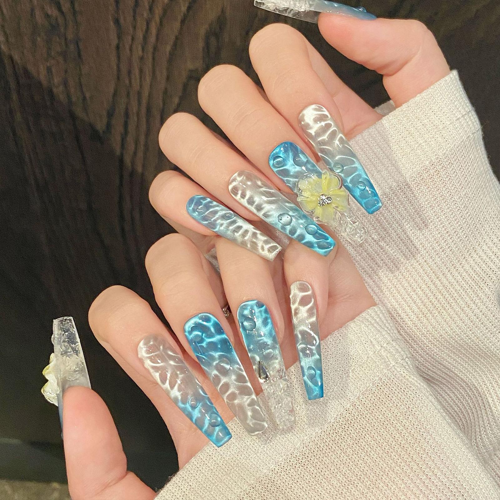 10Pcs Handmade Cat Eye Blue Fake Nails Ocean Summer Design XS синий