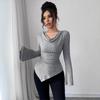 Women Solid Off Shoulder Slim Fit Ribbed Knit Long Sleeve Commute Bottoming Top