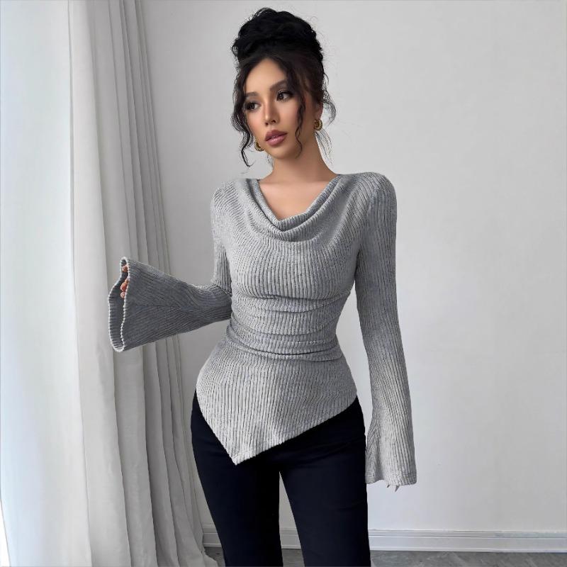 Women Solid Off Shoulder Slim Fit Ribbed Knit Long Sleeve Commute Bottoming Top
