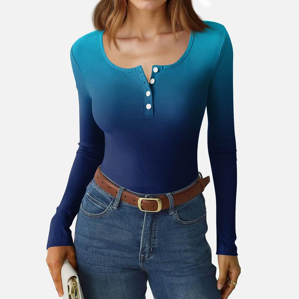 Dámské tričko s úzkým spodním lemem Módní ležérní s gradientním potiskem Kulatý výstřih Pulovr Dlouhý rukáv Top