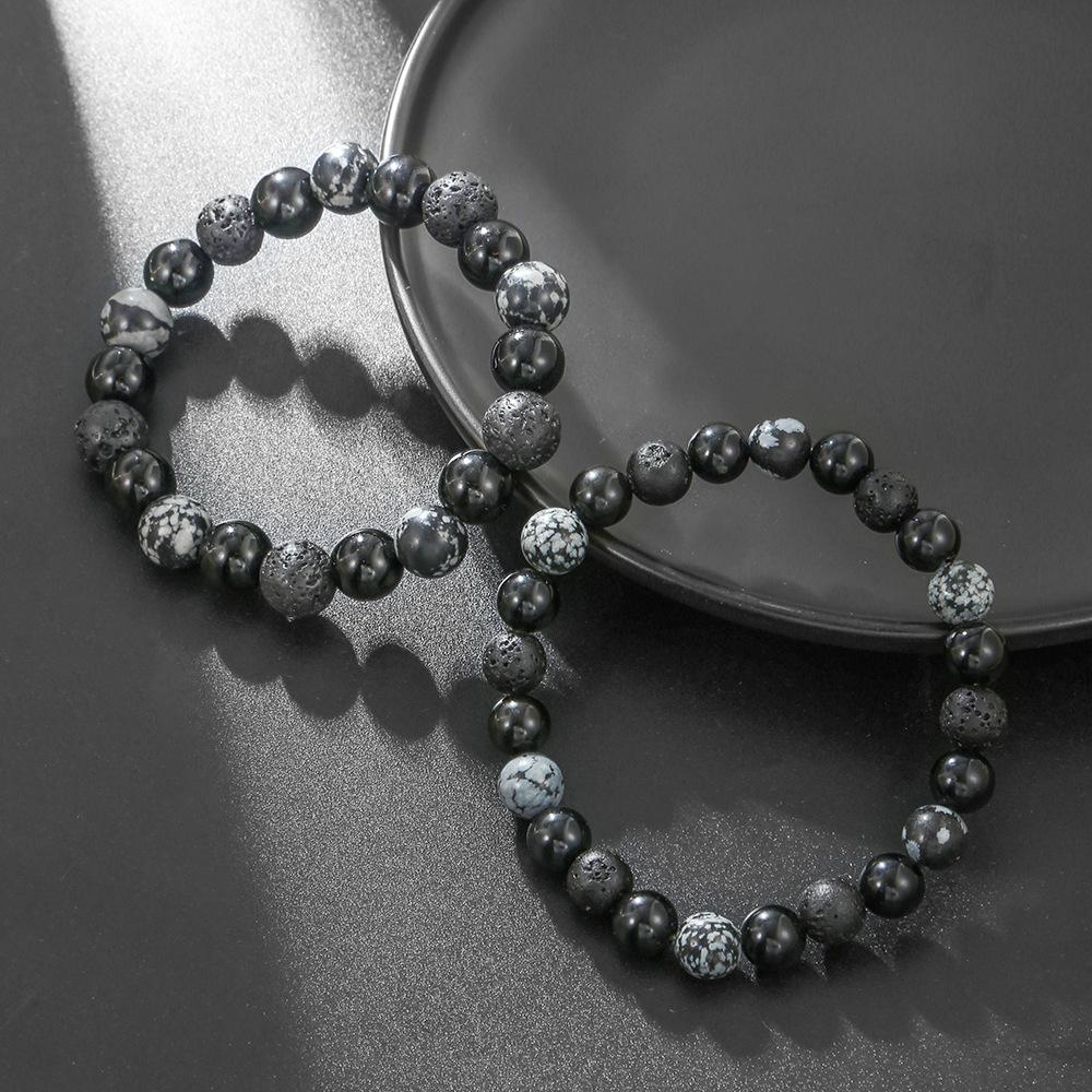 Handmade Natural Volcanic Stone Snowflake Stone Bead Bracelet Men's Retro 10/8mm Elastic Bead Couple Bracelet