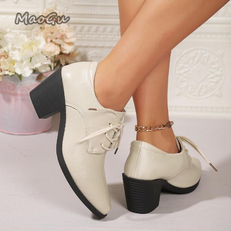 British Style Pointed Toe Lace Up High Heel Pumps for Women's Elegant Chunky Heeled Shoes PU Leather Autumn Office Lady Pumps