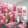 4Pcs Shower Curtain Set with Non-Slip Bath Mat, Toilet Lid Cover, Contour Rug & 12 Hooks, Bathroom Decor