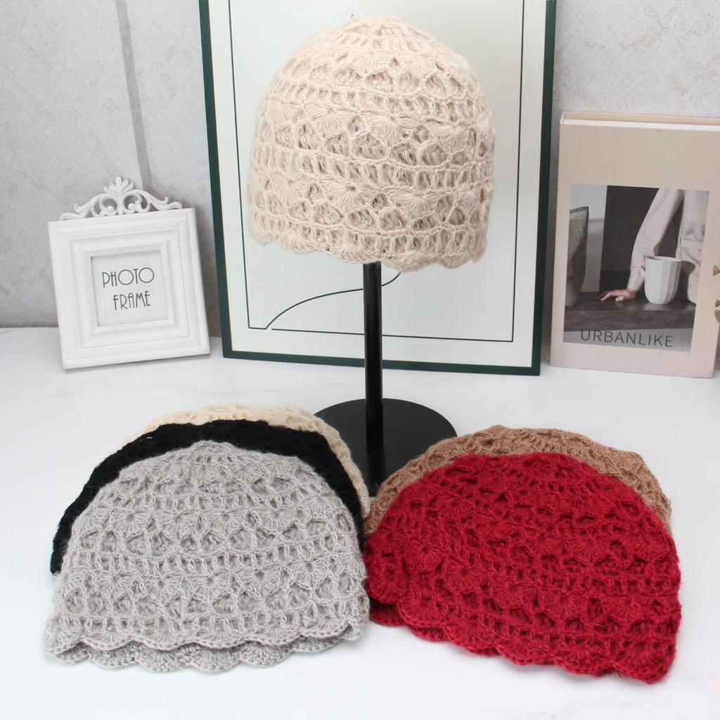 Handmade crochet knitted hat women's autumn and winter hollow flower bag head hat literary and retro wool hat double-layer casual cold hat