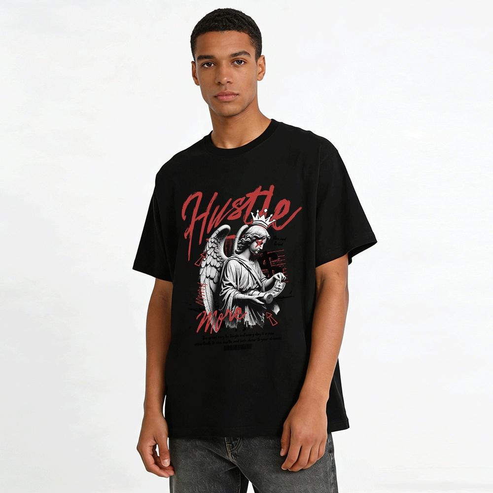 Hustle Angel Print T-Shirt Retro Street Motivational Money-Making Tee Pure Cotton T-shirt
