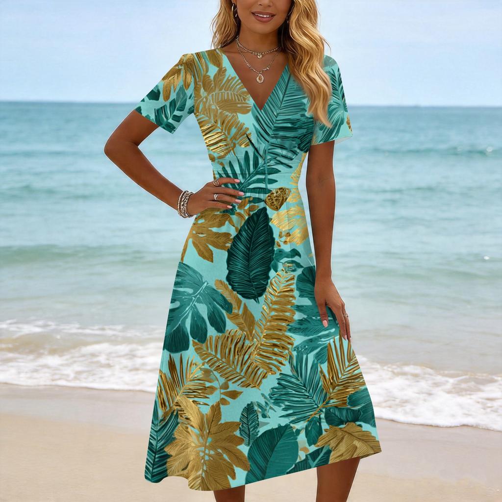 Women’s Short Sleeve V Neck Midi Dress with Tree Print Lightweight Summer Casual Loose Fit Beachwear