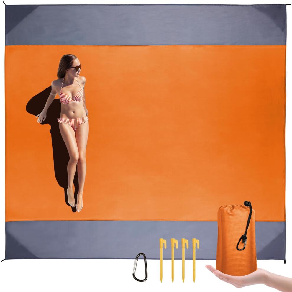 Waterproof Sandproof Beach Blanket 82.7″78.7″ with 4 Stakes & Corner Pockets – Orange, compatible with travel/camping