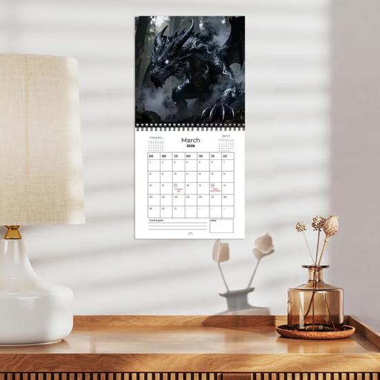 Yousheng 2026 Dragon Fantasy Wall Calendar Monthly Planner with 12 Detailed Dragon Illustrations Spiral Binding Hanging Hole Home Office Decor Gift